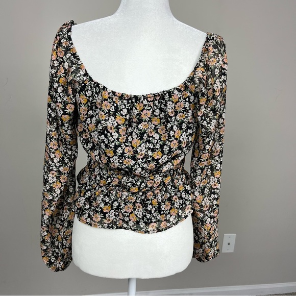 LUSH LONG SLEEVE BLACK FLORAL BLOUSE TIE NECK SMOCKED WAIST SIZE SMALL PETITE - Picture 11 of 16